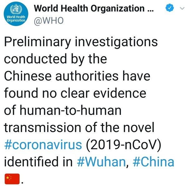 WHO tweet on no human transmission of novel coronavirus