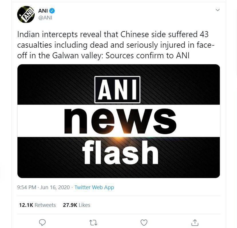ANI Tweets about Chinese casualities