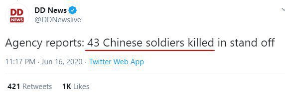 Tweet by DD News on Chinese Casualities