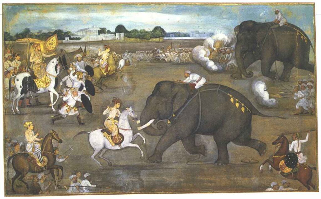 A painting from Padshahnama depicts Prince Aurangzeb facing a maddened war elephant named Sudhakar