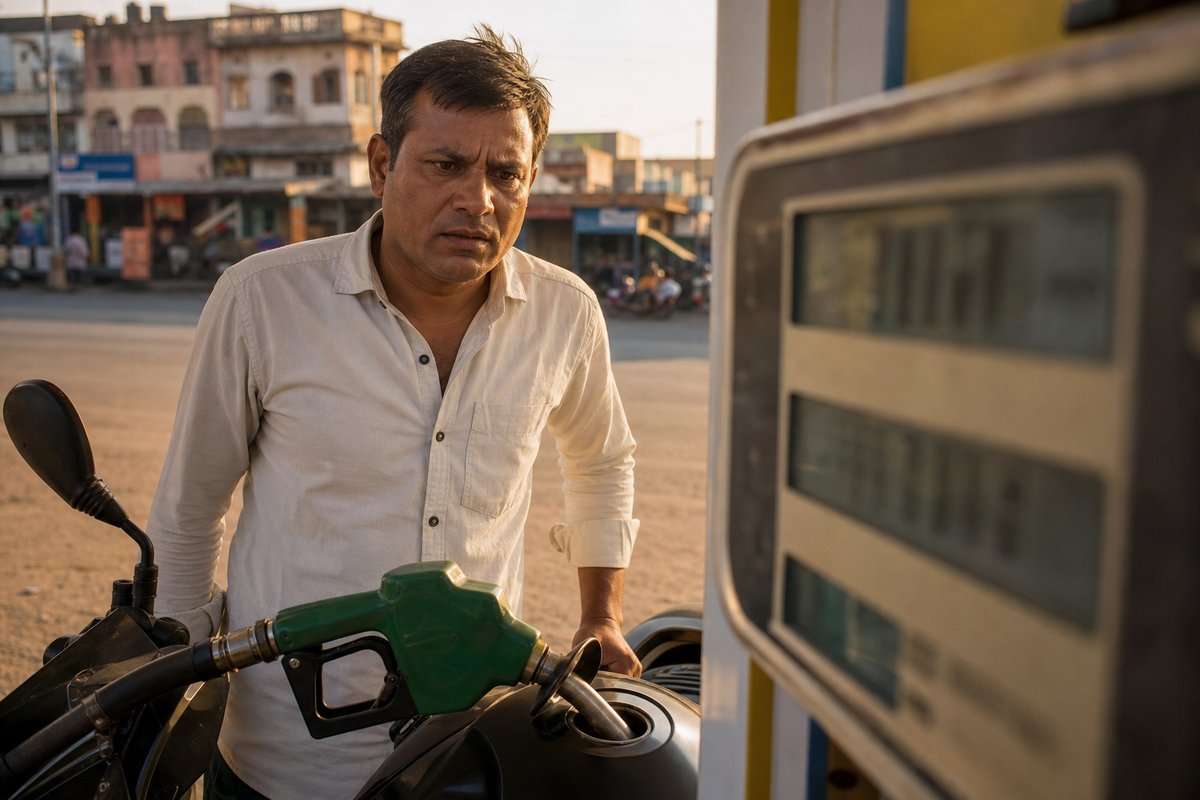 A middle-aged Indian man in a simple shirt at a petrol station looking worried while filling his motorcycle tank