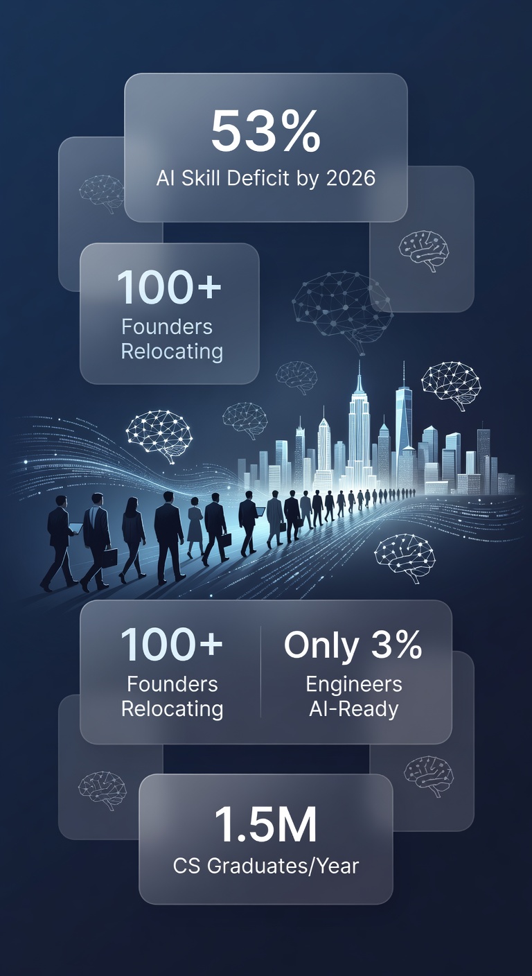 Glassmorphism infographic showing India AI talent drain statistics with visual elements