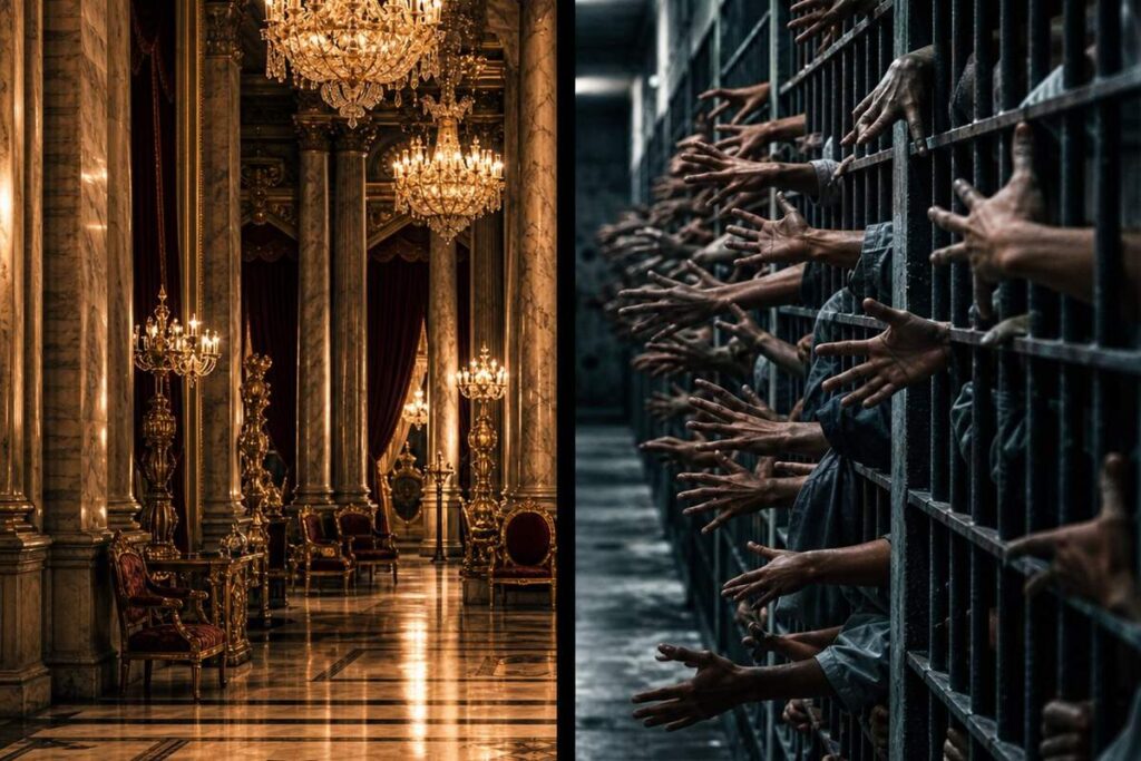 Split image showing an opulent palace interior on the left and prison bars with hands reaching out from behind them on the right symbolizing inequality in the justice system