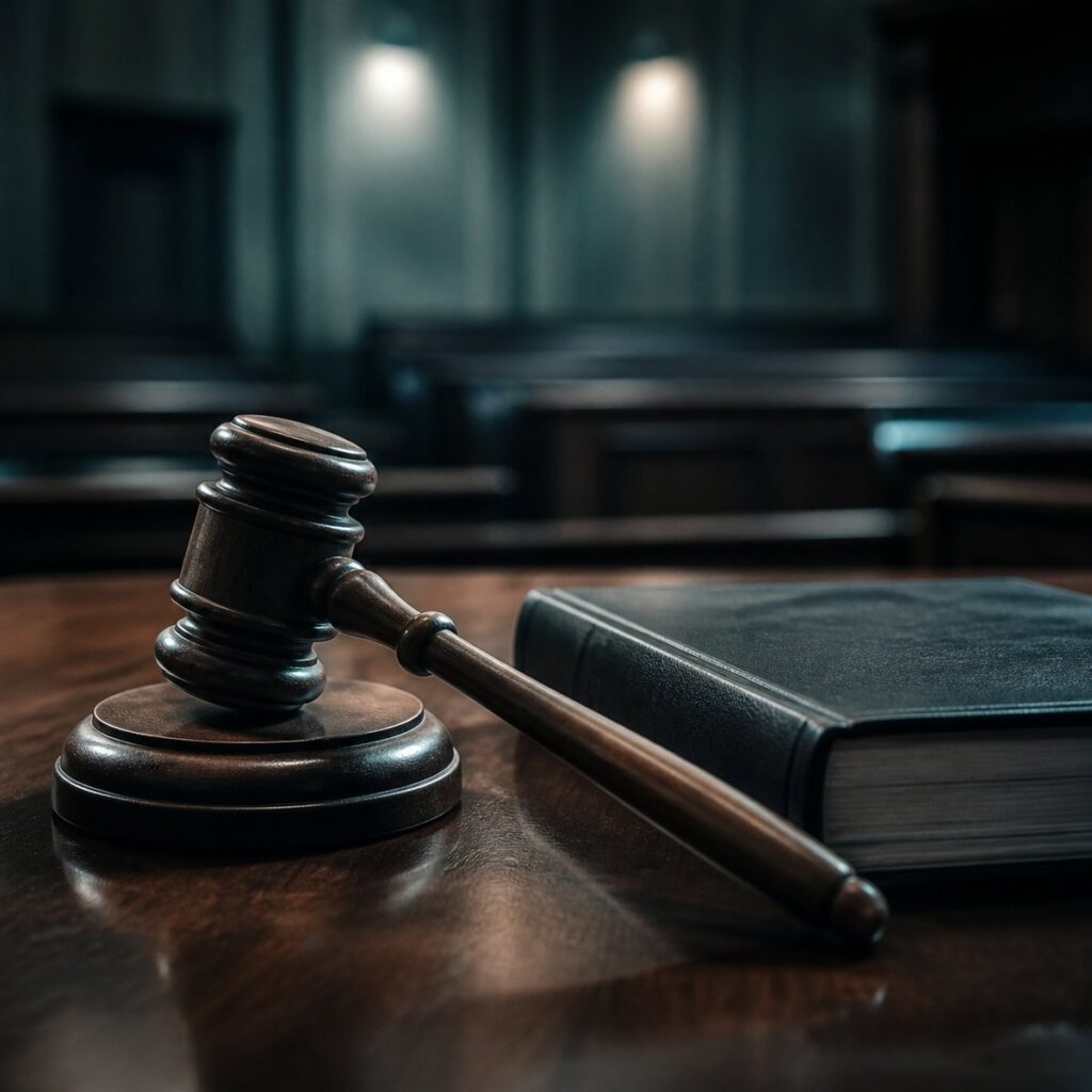 A wooden judge gavel resting on a sounding block beside a law book on a polished courtroom desk with blurred background