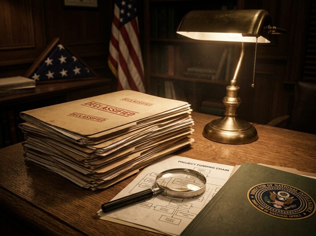Representative image. Declassified documents with CIA seal, DECLASSIFIED stamp, and funding chain diagram.