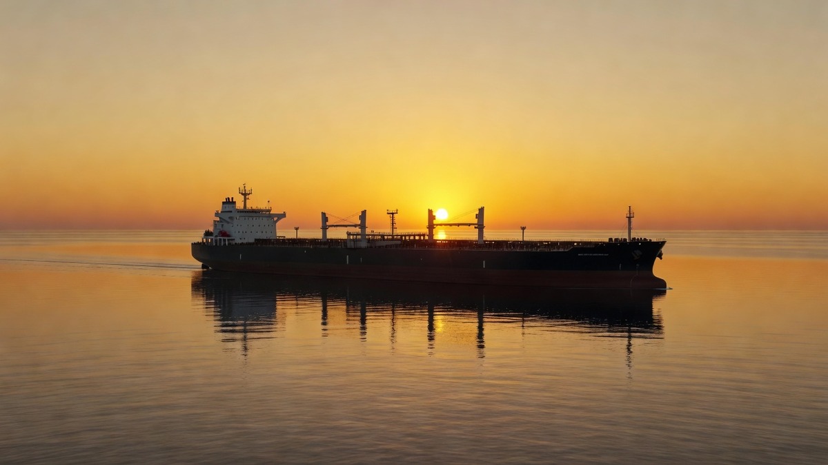 Oil tanker at sunset