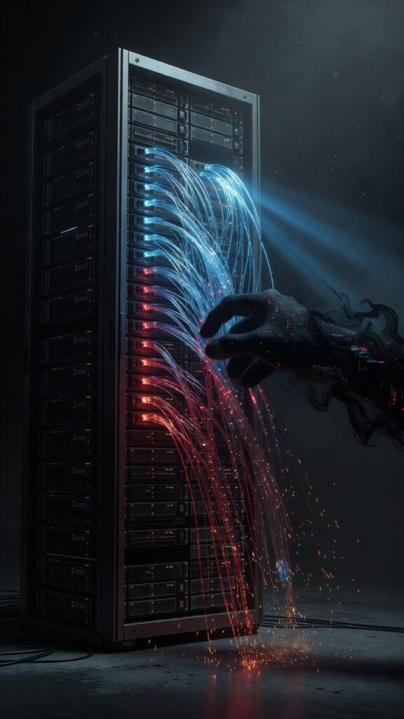Dark cyberpunk scene of a glowing server rack with blue and red light streams being reached by a shadowy hand, representing AI model shutdown