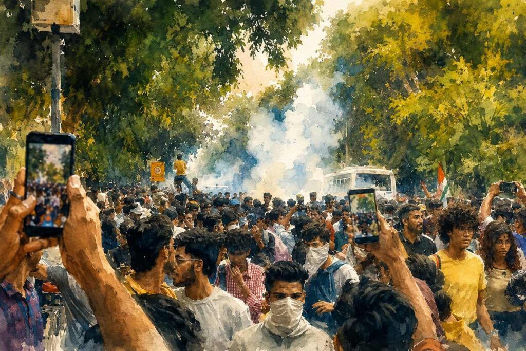 Visual of protestors gathered near Jantar Mantar, Delhi