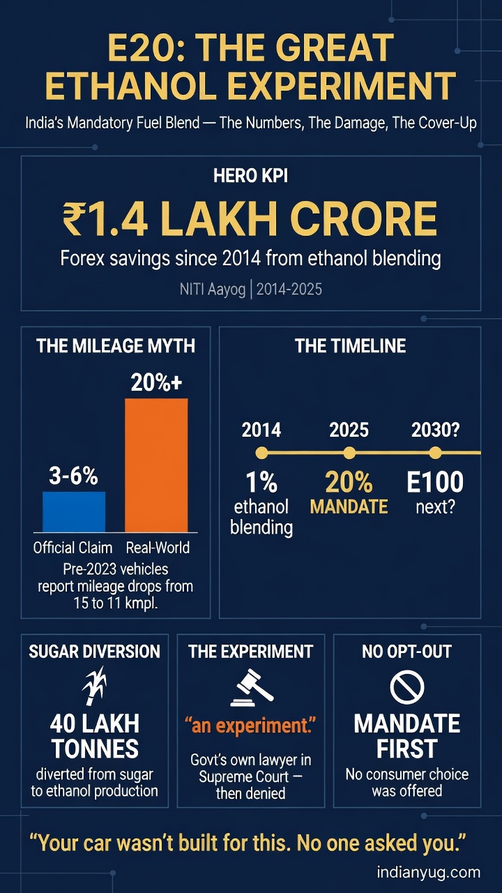 Infographic showing E20 ethanol mandate data — forex savings, mileage comparison, timeline, and key stats