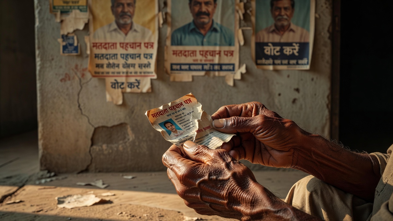 Elderly hands holding voter ID card in front of torn election posters