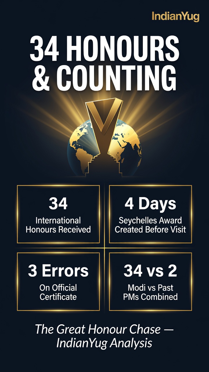 34 Honours and Counting — IndianYug infographic on Modi international awards