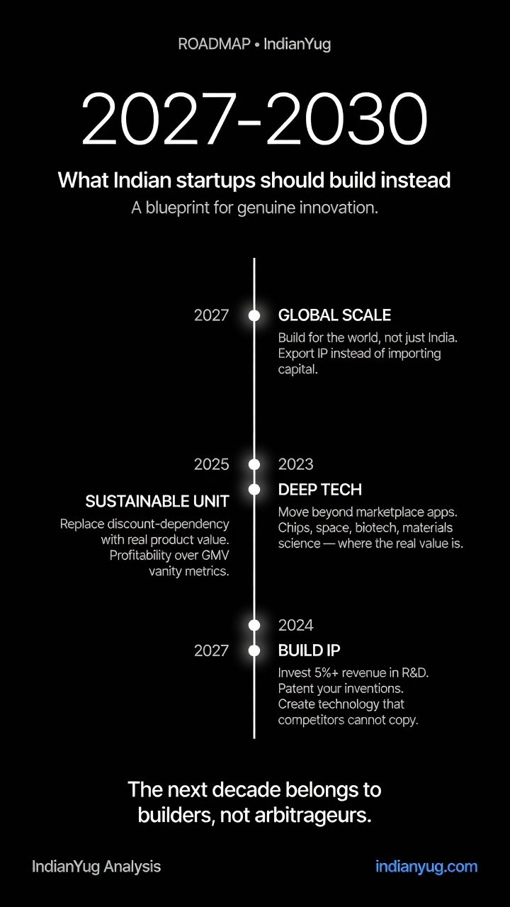 Roadmap infographic showing India's path from copycat to genuine innovation
