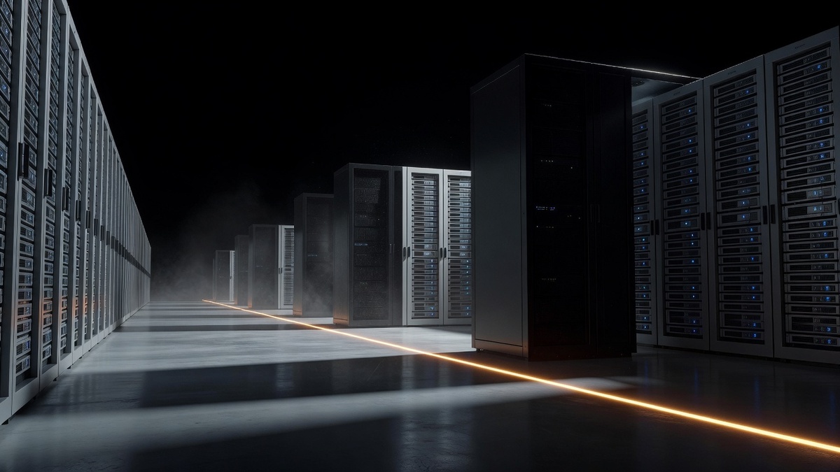 Representative image: a data centre corridor where some server rows stand dark and unlit, representing the shared cloud infrastructure behind the AI outage